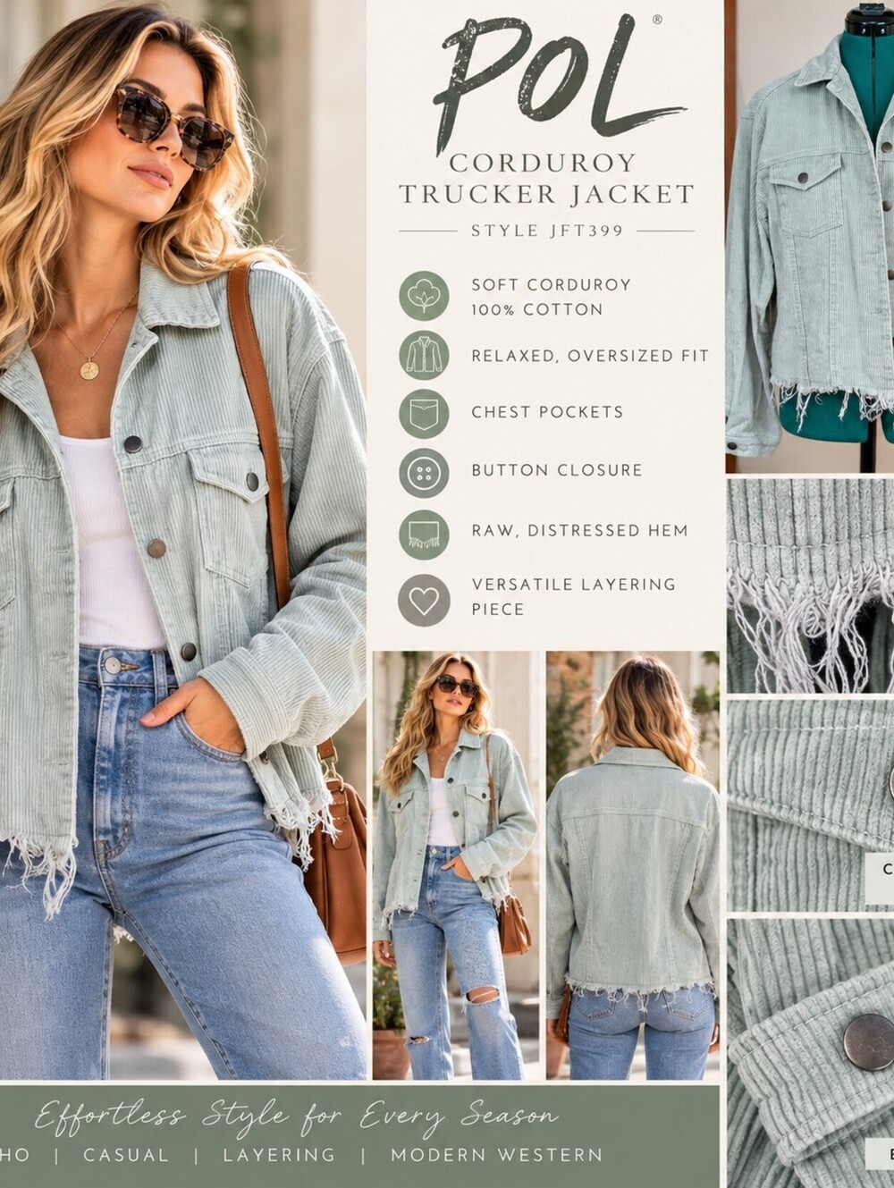 POL JFT399 Corduroy Trucker Jacket M Sage Raw Hem Distressed Shacket